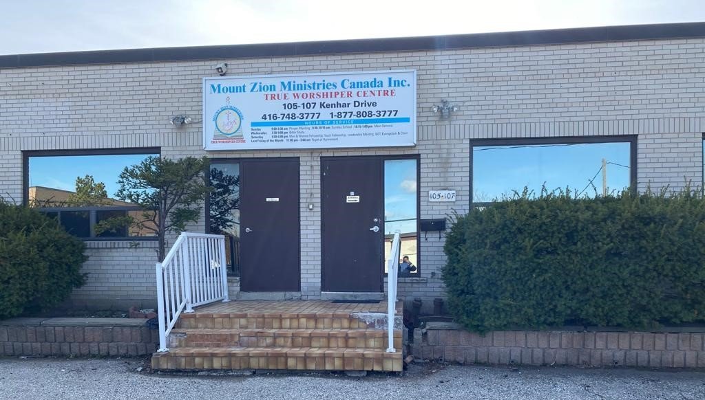 The entrance of Mount Zion Ministries Canada at 105–107 Kenhar Drive, with the church sign above the doors